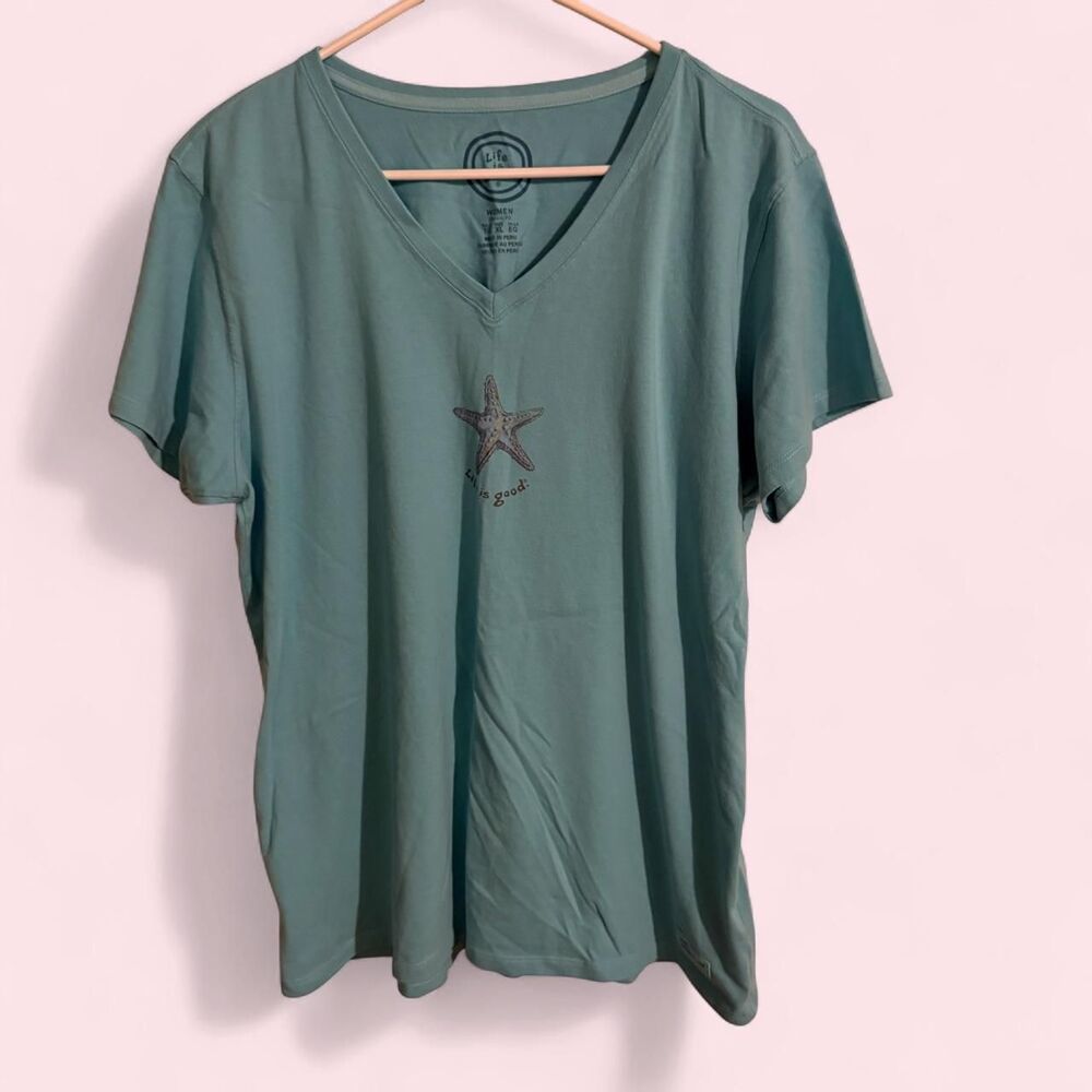 Life is Good t-shirt women XL blue starfish casual beach short sleeve v-neck